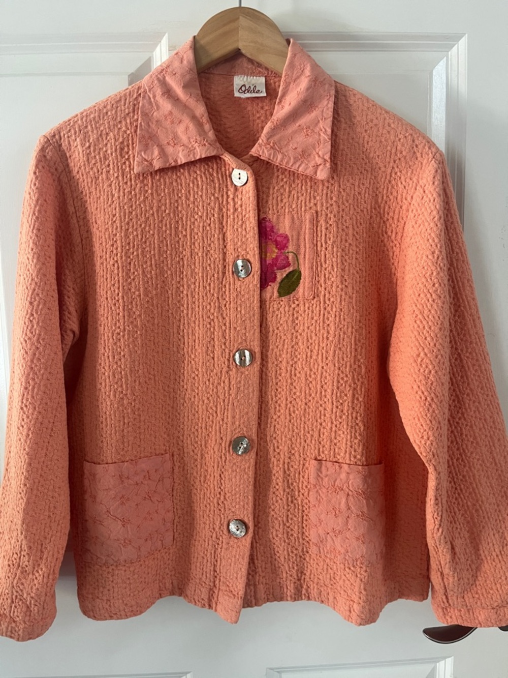 Odille Peach Button-Front Textured Jacket, Floral Appliqué, eyelete, patchwork